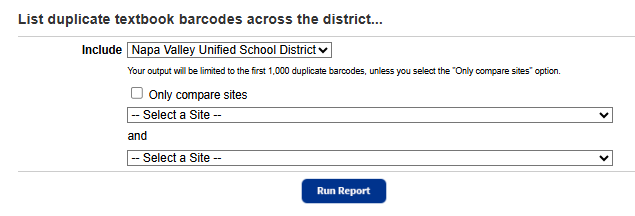 List duplicate textbook barcodes across the district report setup page.